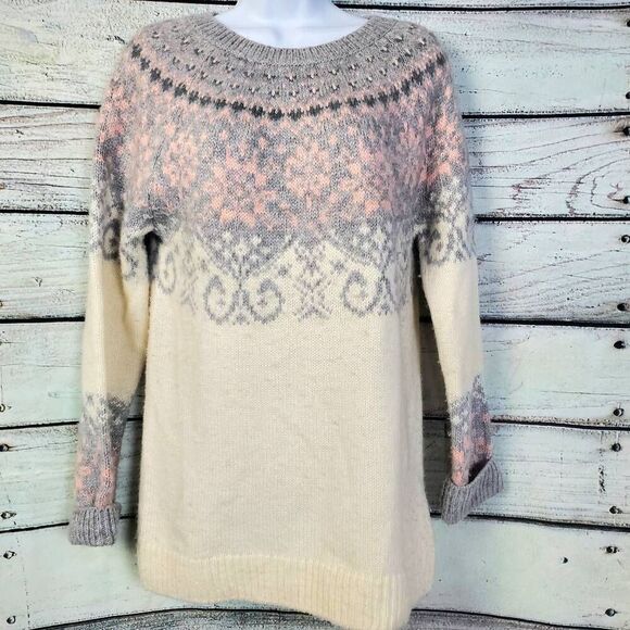 H&M L.O.G.G Fair Isle Knit Sweater XS Cream Gray Pink Wool Blend Pullover - Picture 1 of 6